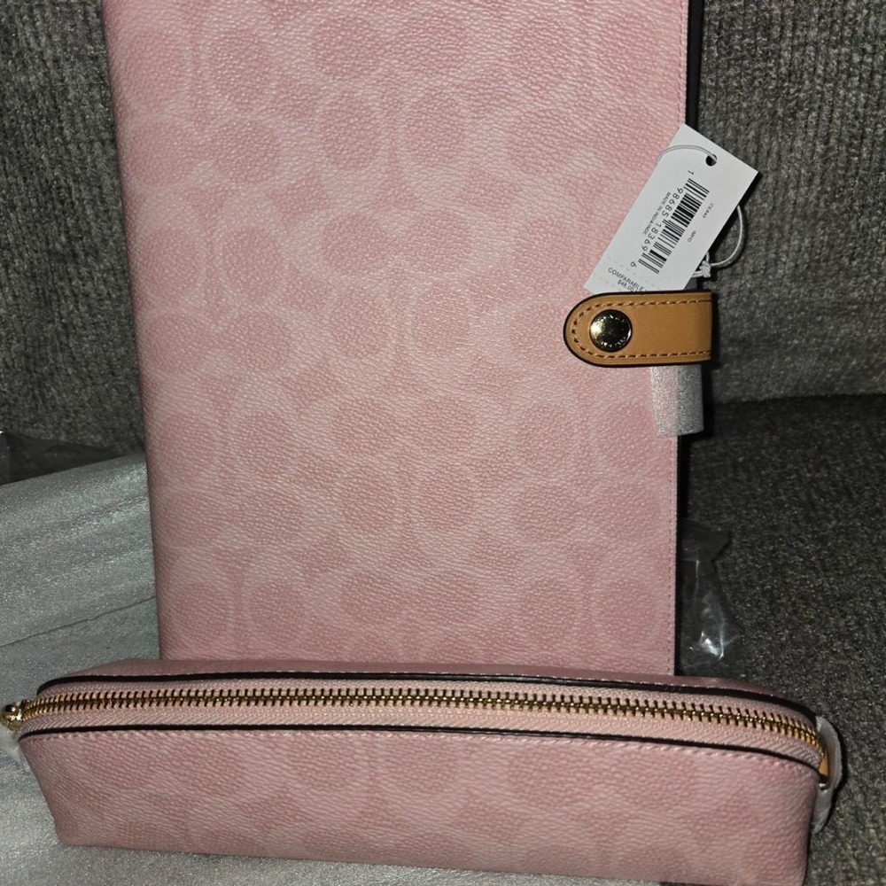 coach powder pink notebook and pencil case in signature canvas